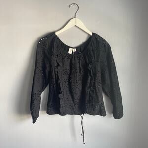 Joie Black Blouse Cottagecore Eyelet Boho Feminine Romantic Lagenlook Prairie XS